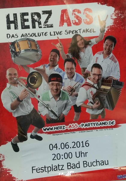 Party Flyer: Adelindisfest 2016 Samstag im Festzelt  Party-Band  "Herz Ass" am 04.06.2016 in Bad Buchau